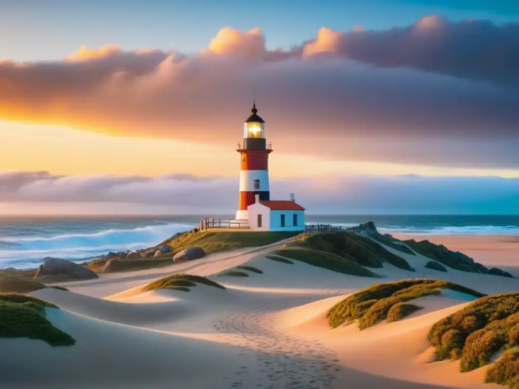 Un faro histórico en Cabo Polonio, Uruguay, entre dunas y mar frente a un atardecer colorido