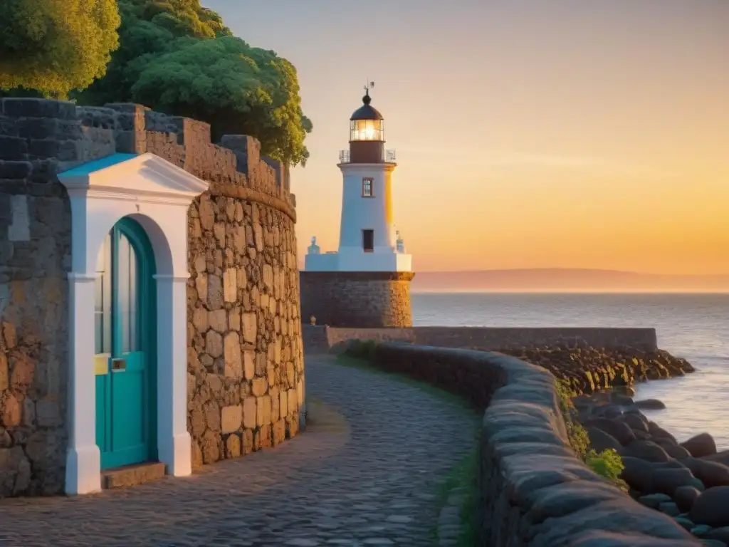 Un faro histórico en Colonia del Sacramento, Uruguay, destacando la fusión de arquitectura colonial con la belleza natural al atardecer