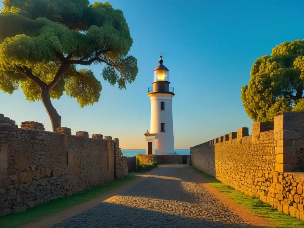 El faro histórico de Colonia del Sacramento se alza majestuoso al atardecer, con una vista que invita a una visita guiada