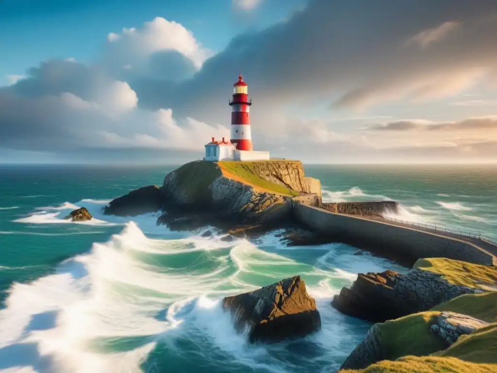 Guardián del mar: Faro centenario en acantilado rocoso Un faro majestuoso en un acantilado rocoso, con el mar embravecido y un cielo dramático