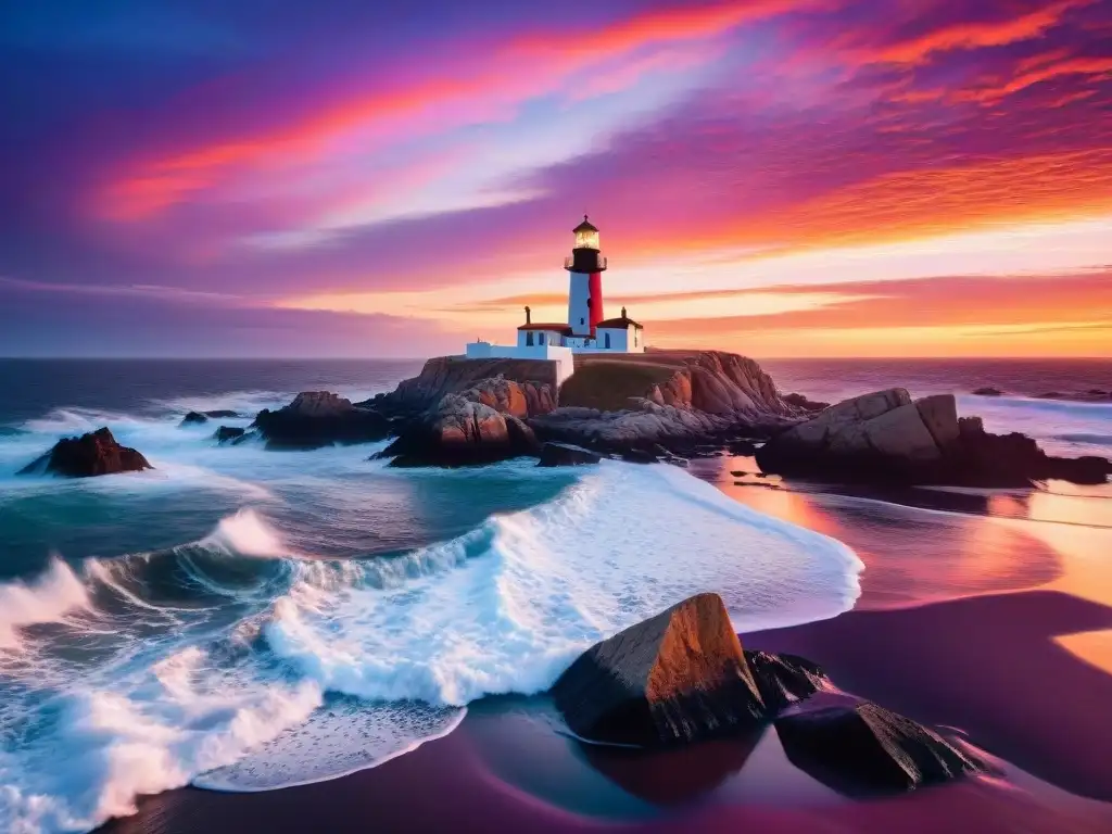 Un faro solitario destaca contra un cielo ardiente al atardecer en Cabo Polonio