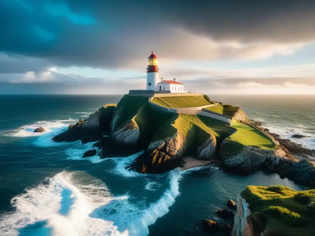 Un faro solitario y resistente en un acantilado, con el vasto océano y un cielo dramático de fondo