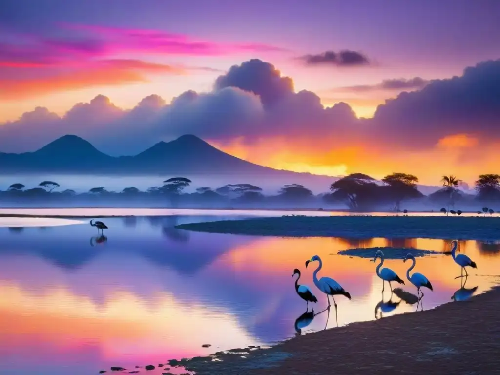 Fascinante atardecer en Laguna de Rocha con aves silvestres; tonos cálidos y biodiversidad