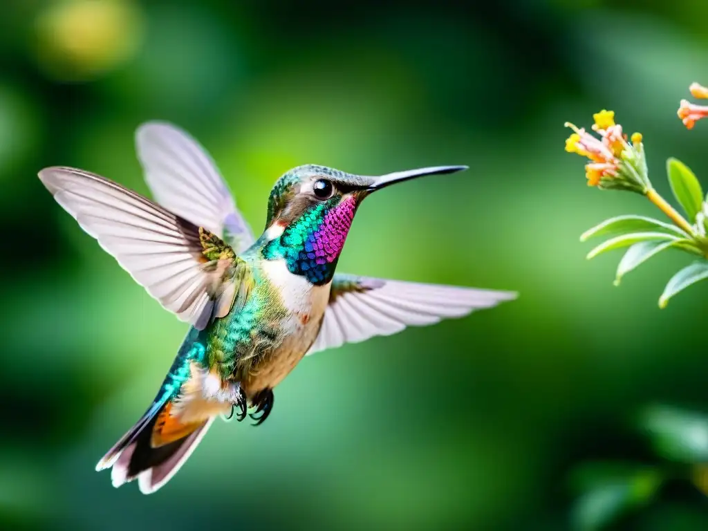 Fascinante colibrí en vuelo, con plumaje iridiscente, cerca de flor en selva uruguaya