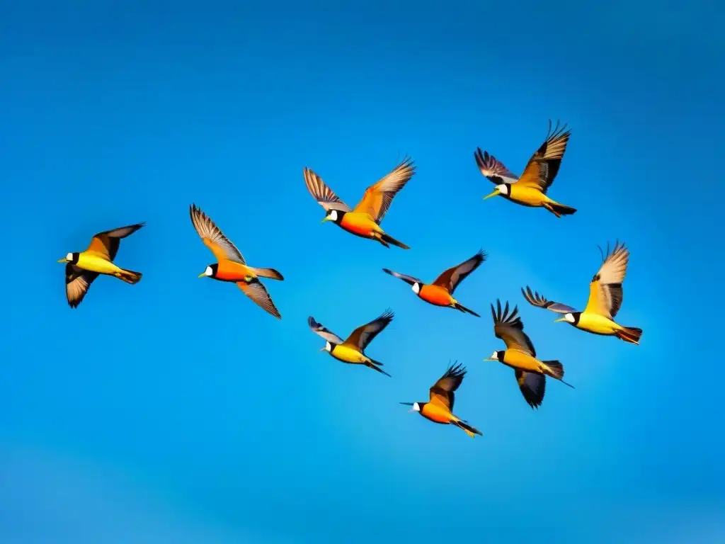 Una fascinante variedad de aves coloridas en vuelo sobre Uruguay, evocando el espíritu de los festivales de avistamiento de aves en Uruguay