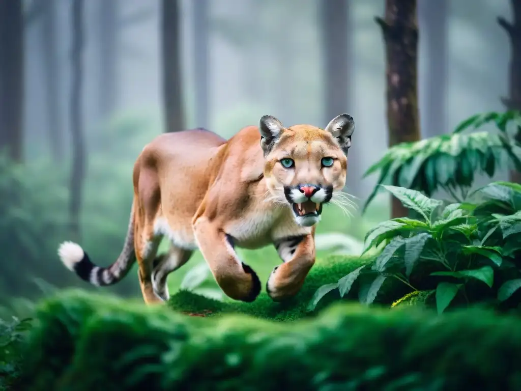 Fotografiar fauna en movimiento en Uruguay: Un puma majestuoso saltando en un bosque verde, con enfoque y detalle impecables