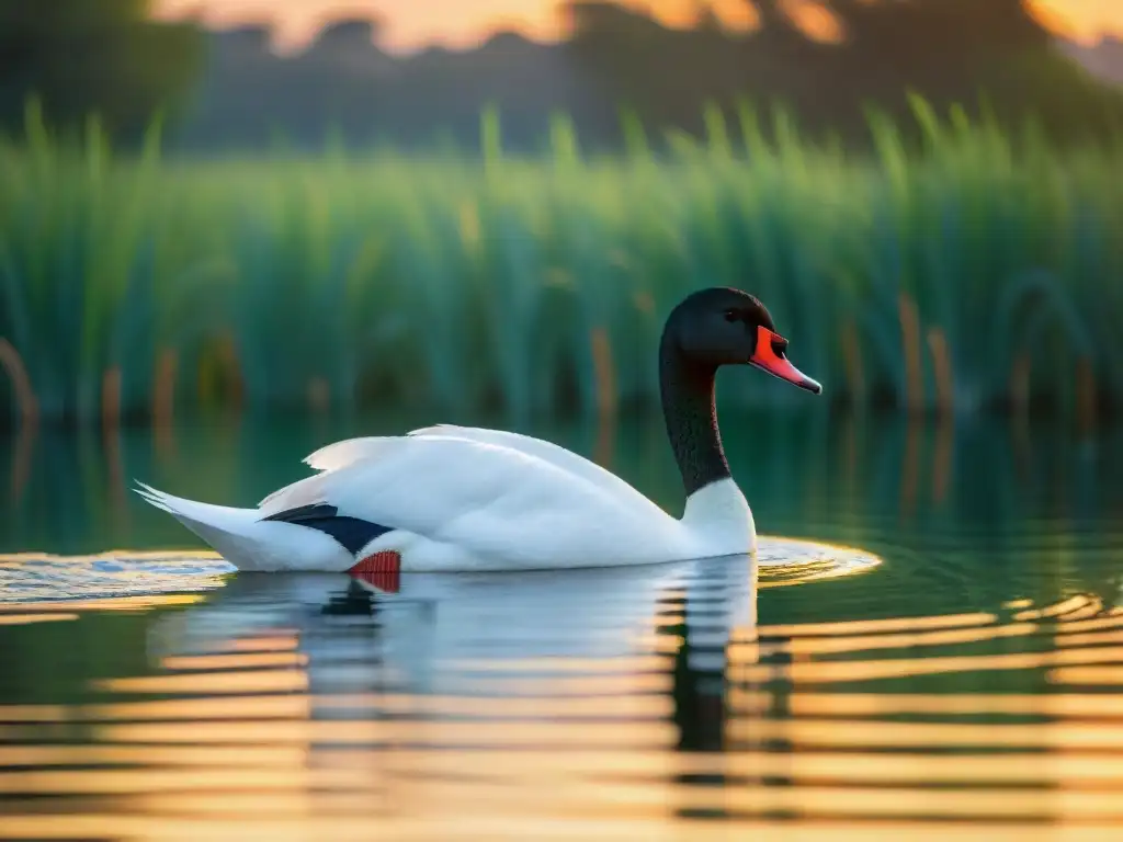 Fauna salvaje en kayak Uruguay: cisne cuello negro majestuoso surcando lago sereno al atardecer