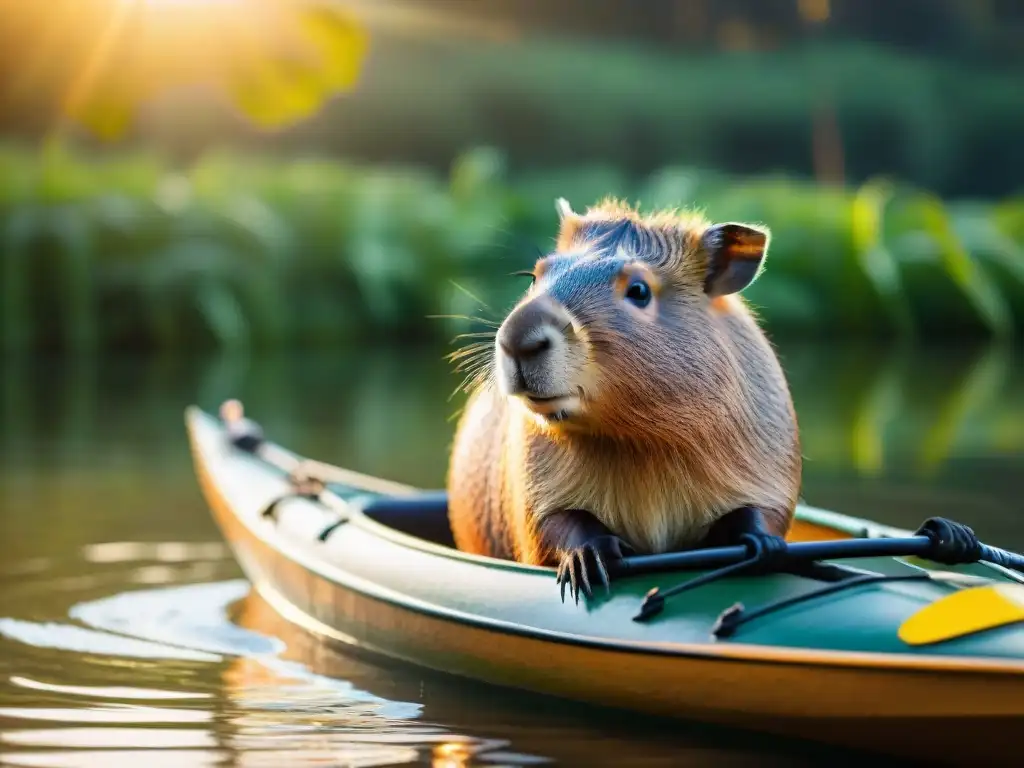 Fauna salvaje en kayak Uruguay: Un majestuoso carpincho nada junto al kayak en aguas serenas al atardecer, rodeado de exuberante vegetación