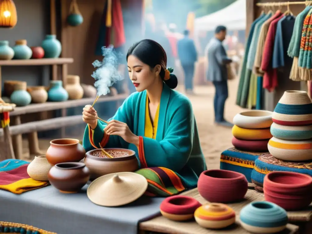 Una feria artesanal bulliciosa en Uruguay con textiles coloridos, cerámicas intrincadas y joyería delicada