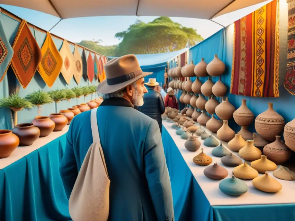 Una feria artesanal bulliciosa en Uruguay, colores vibrantes, tejidos detallados, artesanos sonrientes