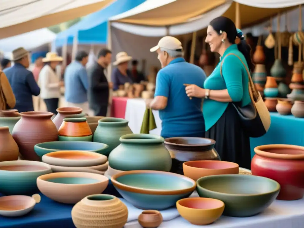 Una feria artesanal en Uruguay, mostrando coloridos puestos con artesanías tradicionales