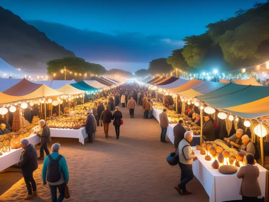 En una feria artesanal nocturna en Uruguay, coloridos puestos iluminados con luces brillantes