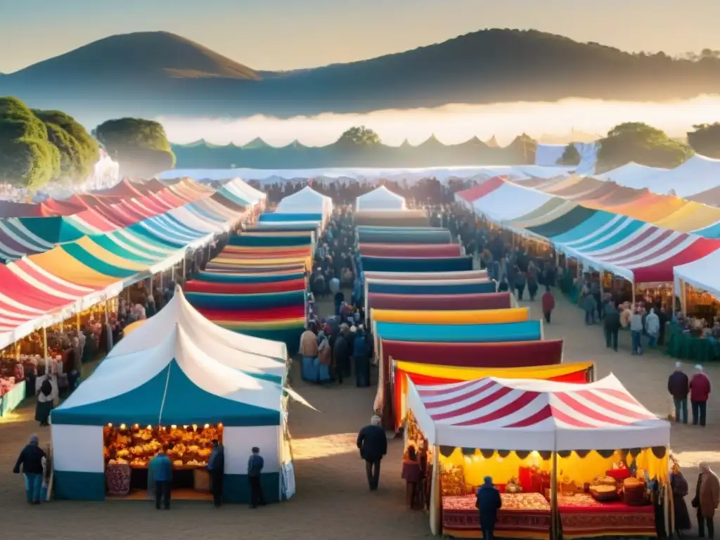 Una feria artesanal uruguaya llena de colores y tradiciones, artesanos y visitantes intercambiando historias bajo el cálido sol