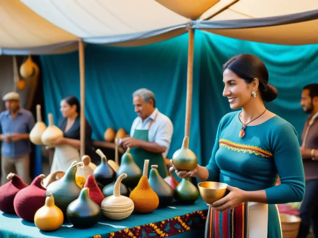 Feria de artesanías uruguayas: colores vibrantes, mates y artesanos demostrando su oficio en un ambiente lleno de energía y comunidad