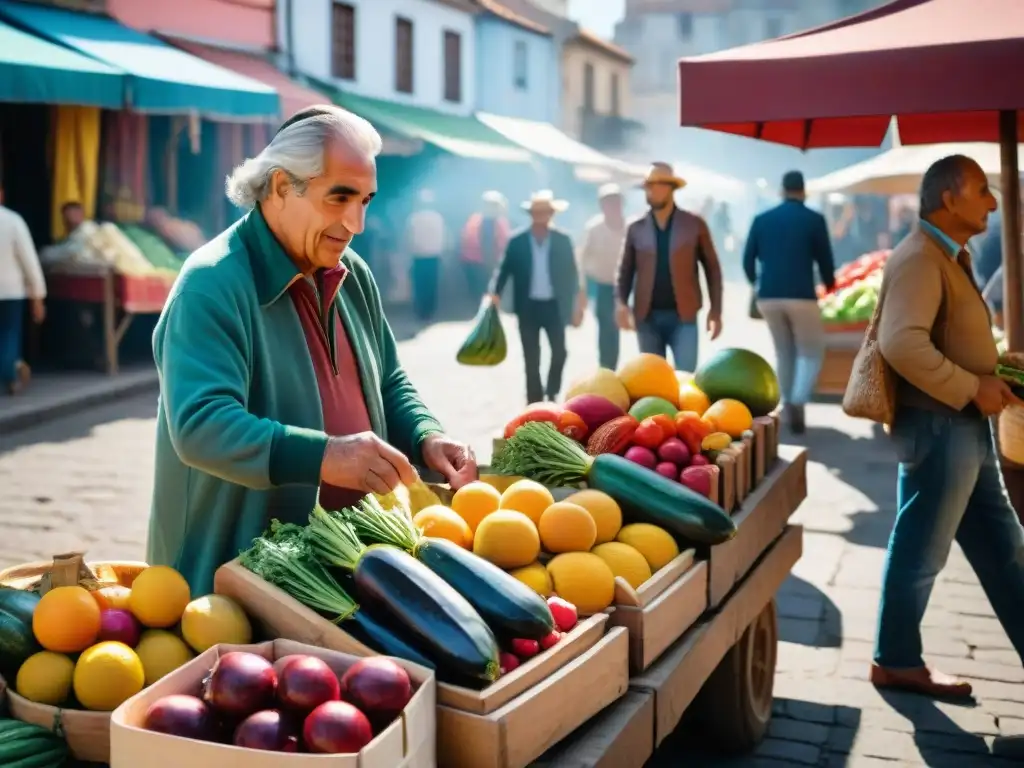 Una feria vecinal tradicional en Uruguay llena de vida, colores y cultura, con vendedores y clientes intercambiando productos frescos