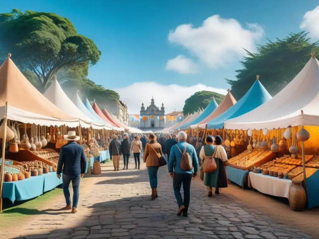 Ferias artesanales auténticas en Uruguay: Colorida feria con artesanos locales y turistas disfrutando de la artesanía tradicional bajo un cielo azul