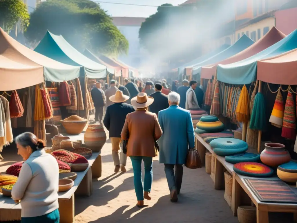 Ferias artesanales en Uruguay: coloridas paradas con tejidos, cerámica y pinturas, visitantes curiosos admirando la artesanía local