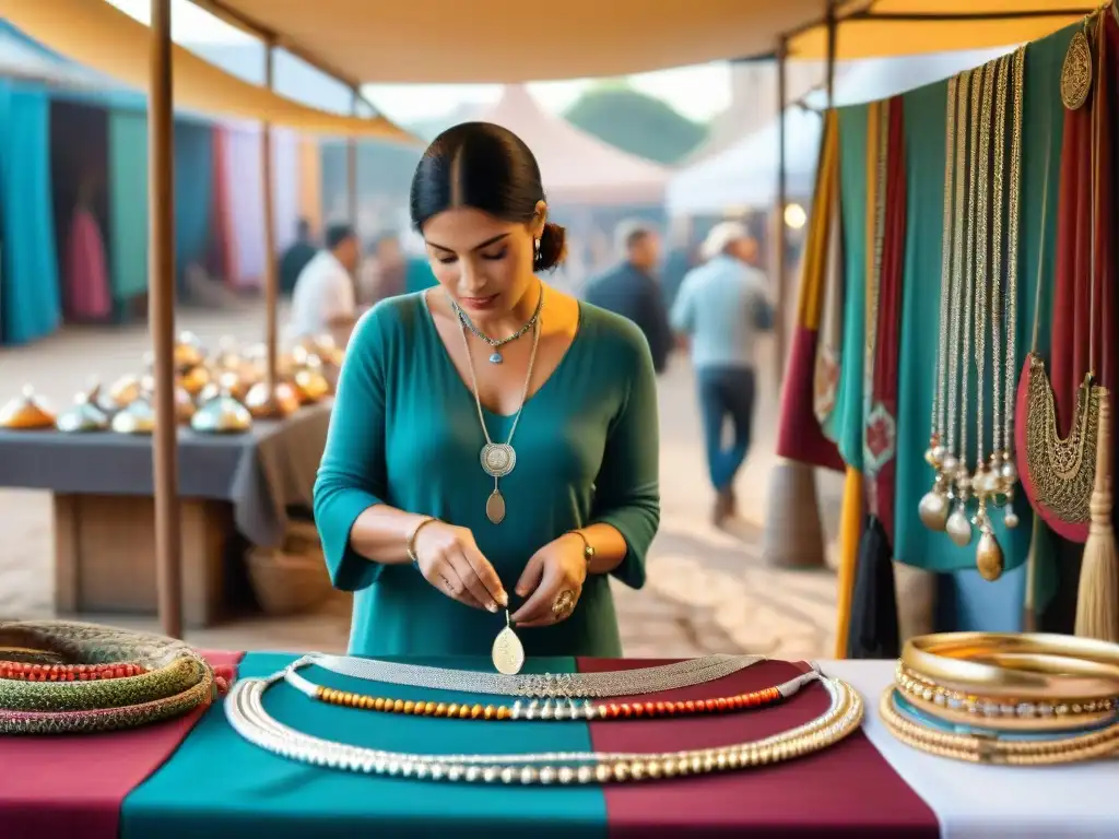 Ferias artesanales en Uruguay: joyas únicas y coloridas brillan en un bullicioso mercado, reflejando la creatividad local