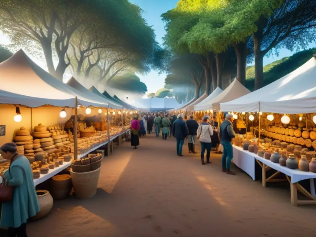 Ferias artesanales en Uruguay: Feria llena de color con puestos de artesanías y visitantes admirando los productos