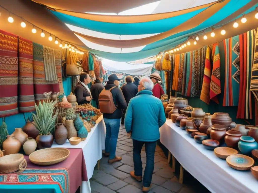 Ferias artesanales pintorescas en Uruguay: Colorida escena de productos artesanales y artesanos entusiastas en una feria