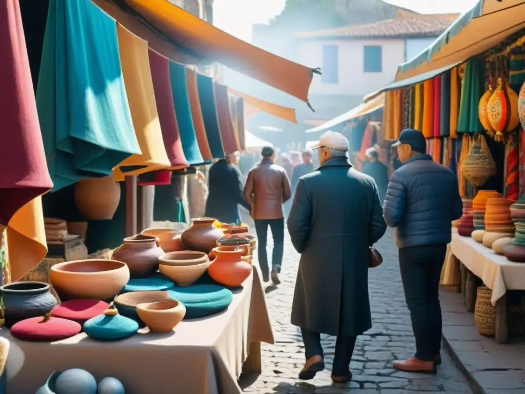 Ferias artesanales pintorescas en Uruguay: Mercado callejero bullicioso con textiles vibrantes y artesanías tradicionales