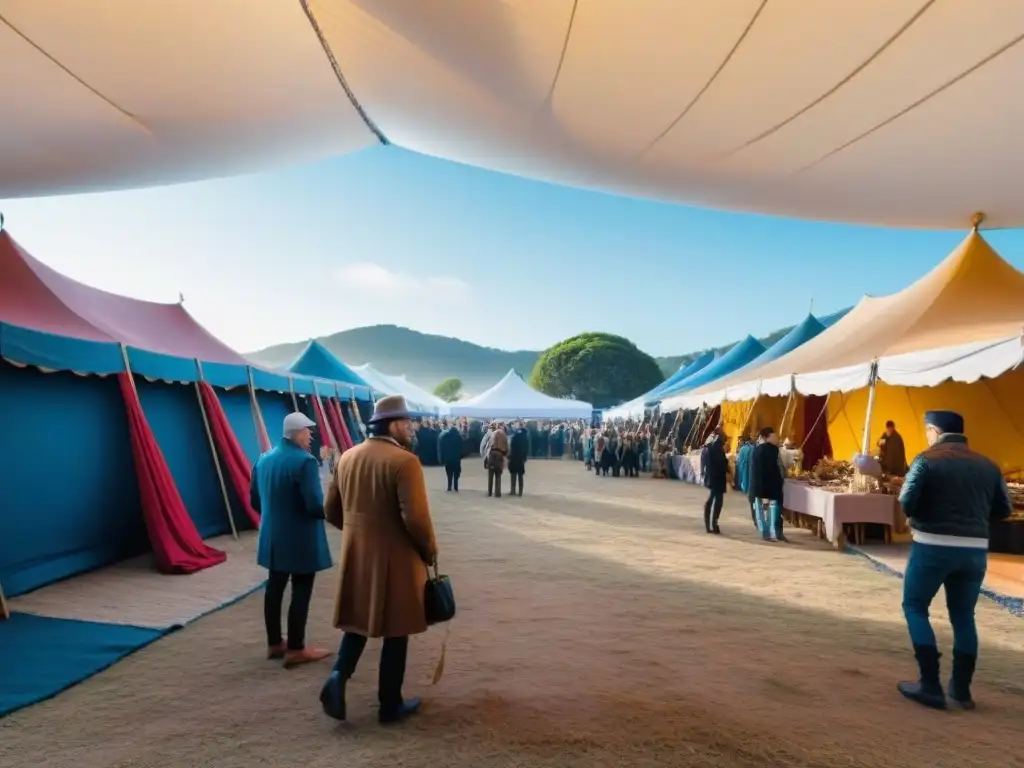 Ferias artesanales en Uruguay: artesanías tradicionales y coloridas tiendas bajo un cielo azul, reflejando tendencias culturales