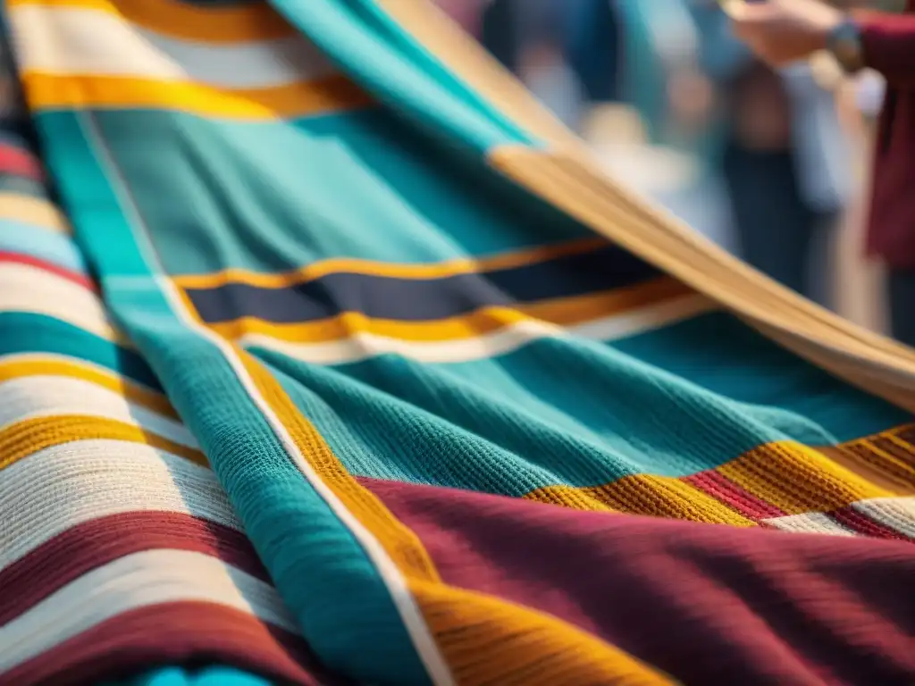 Ferias artesanales Uruguay creatividad: vibrante escena de textiles tejidos a mano en un mercado artesanal de Uruguay, bañada por la luz del sol