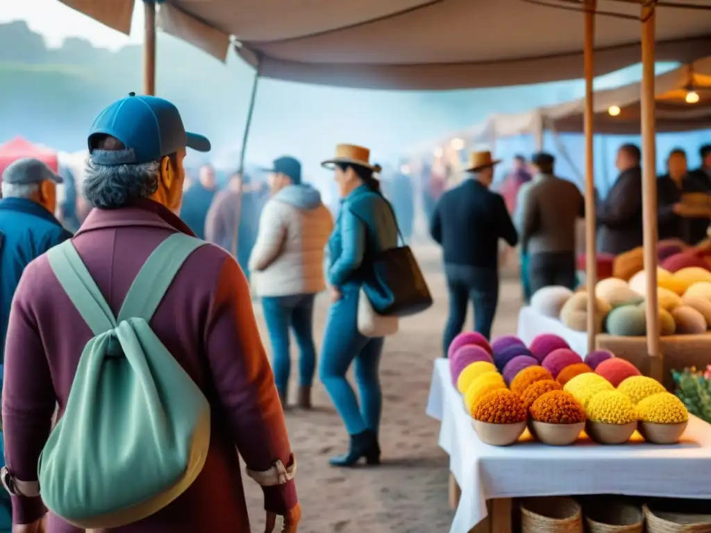 Ferias artesanales en Uruguay: Escena vibrante de una feria artesanal con artesanos, productos tradicionales y actividades culturales