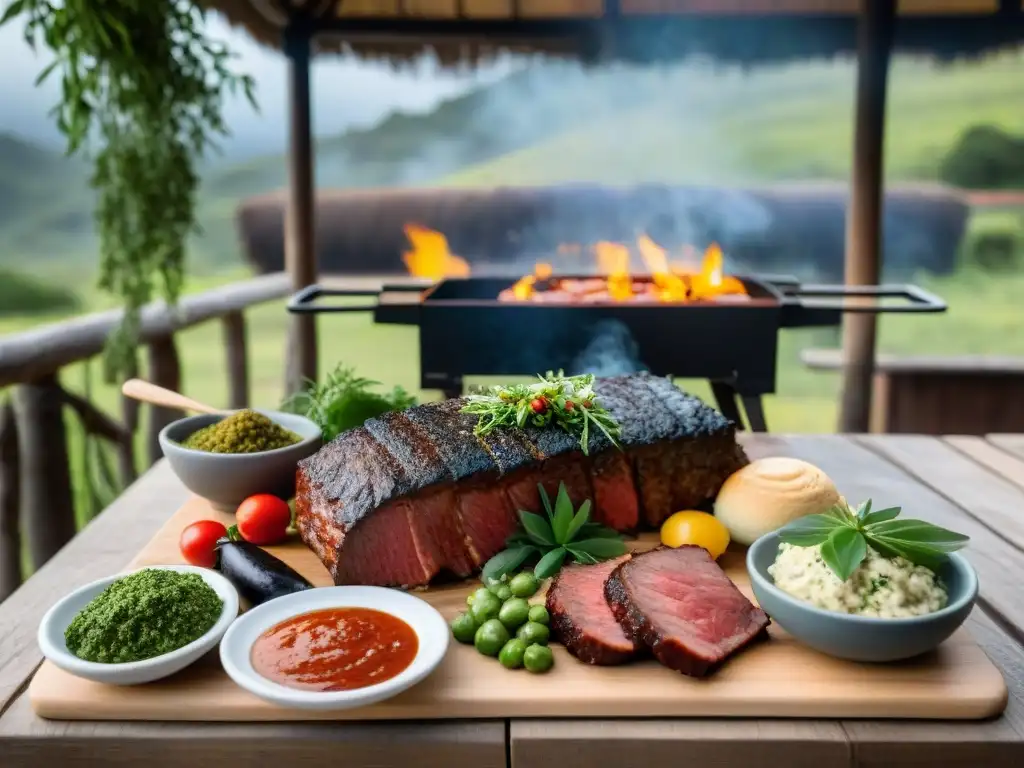 Un festín de asado uruguayo en un ecolodge, con suculentas carnes a la parrilla, chimichurri y vinos locales