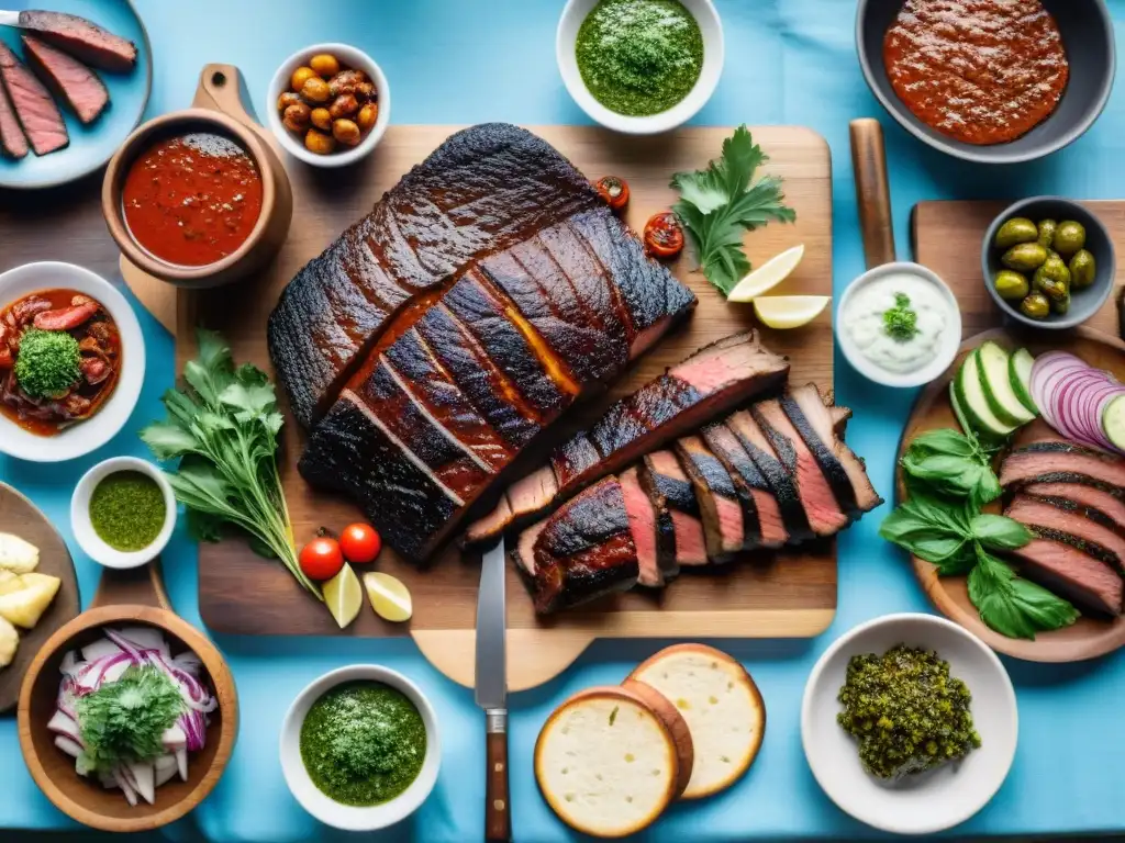 Un festín de asado uruguayo en una mesa rústica, rodeado de naturaleza, reflejando el turismo gastronómico responsable en Uruguay