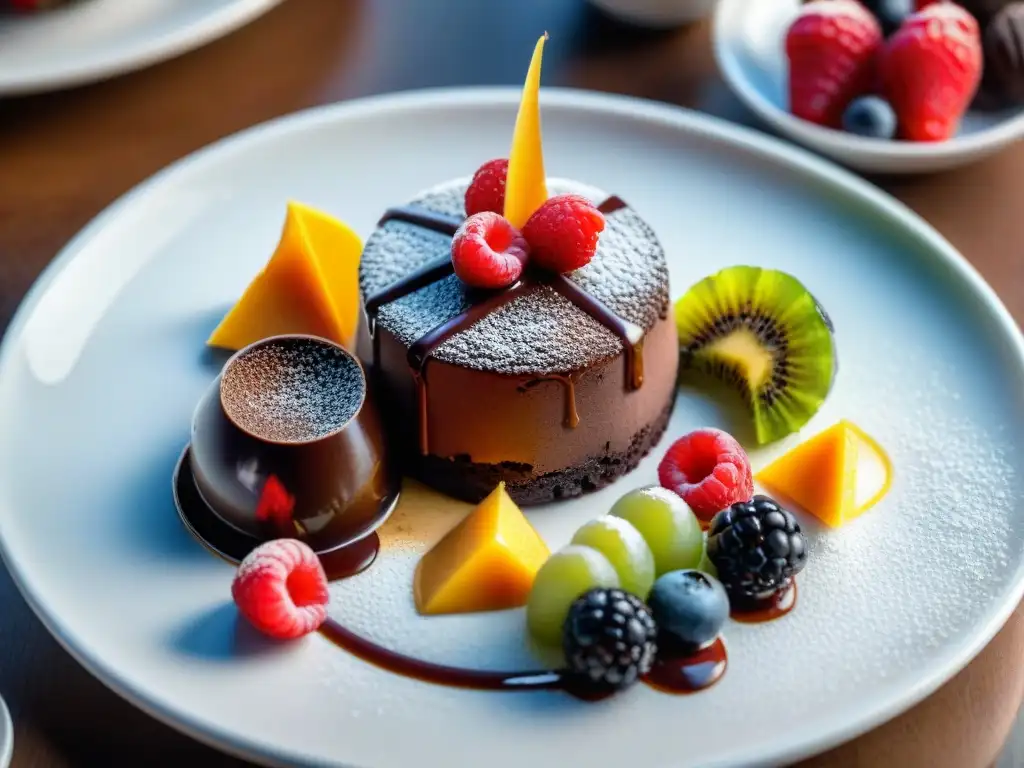 Un festín de postres de lujo en Uruguay: lava cake, crème brûlée, frutas y tiramisú, presentados con elegancia