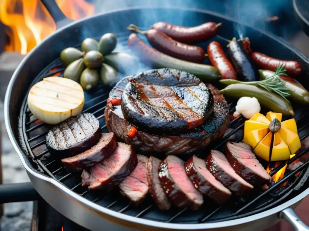 Un festín uruguayo con cortes de carne jugosos, chorizos, morcilla y vegetales a la parrilla