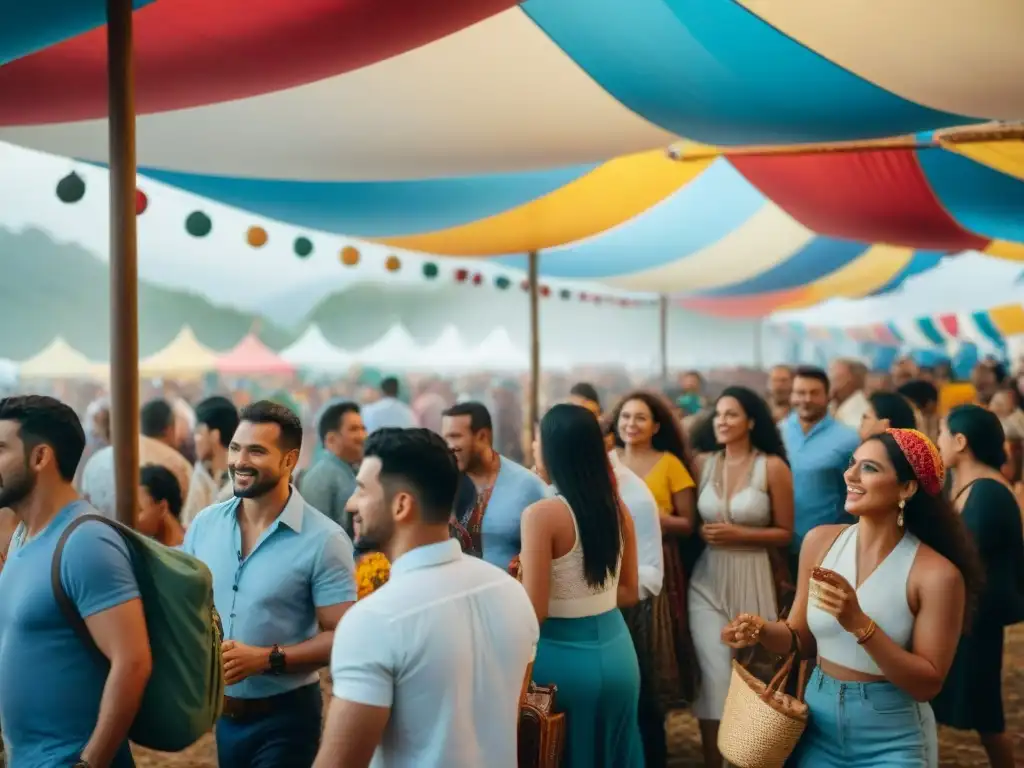 Festival cultural vibrante en Rivera, frontera Brasil, con diversidad de personas disfrutando música, danza y comida bajo coloridas banderas