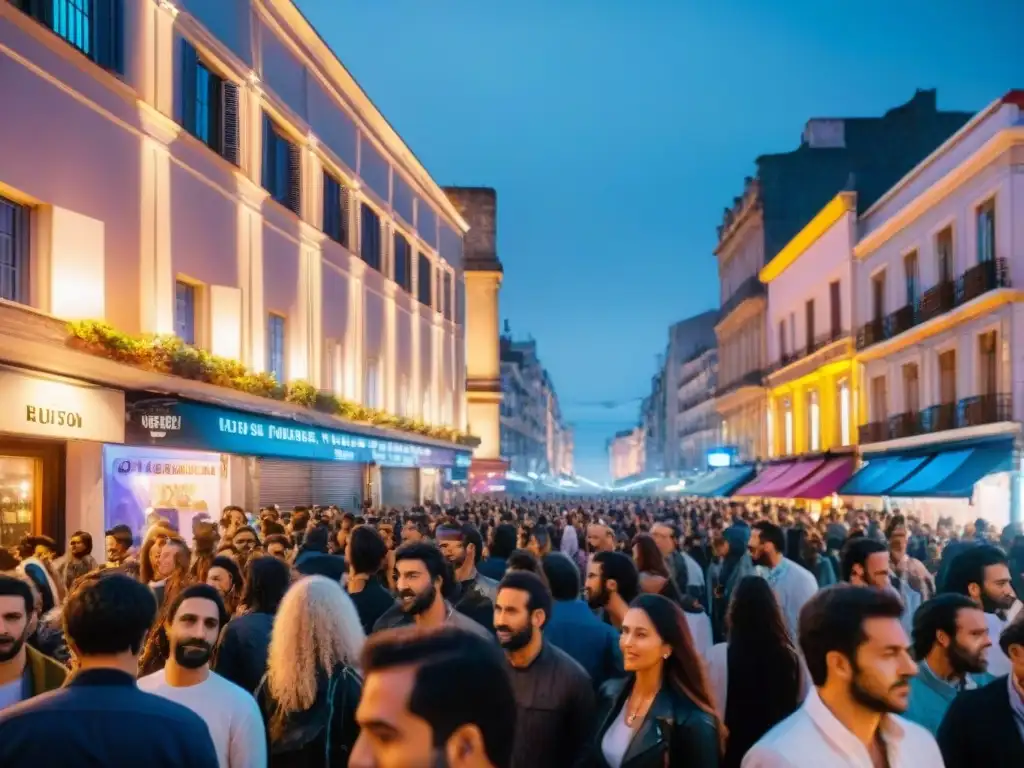 Festival de música indie en Montevideo, Uruguay, con bandas locales y multitud diversa disfrutando del espectáculo