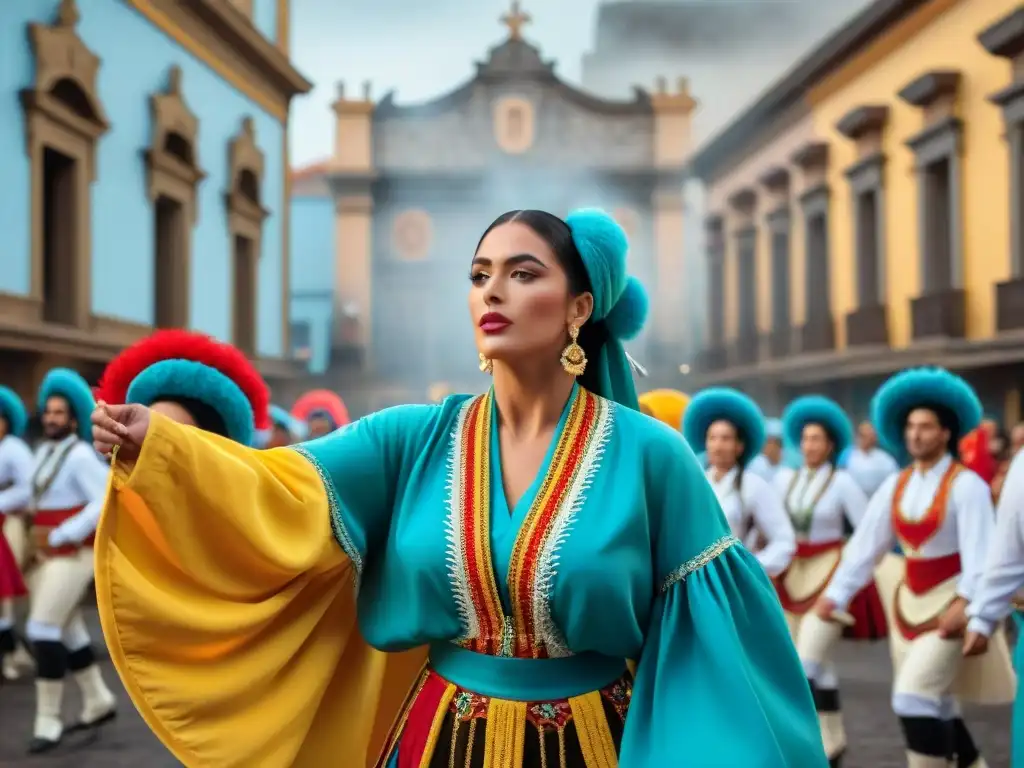 Un festival tradicional en San José, Uruguay, con vibrantes danzas y coloridos trajes, rodeado de arquitectura colonial y celebración cultural