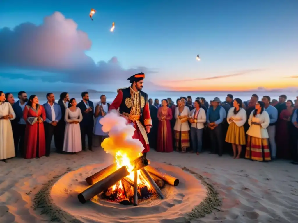 Festividad mágica de Noche de San Juan en Uruguay: hoguera en la playa, gente feliz soltando linternas al cielo estrellado