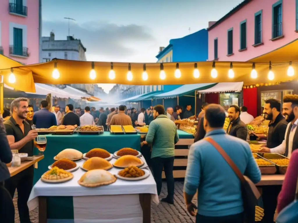 Un festivo festival gastronómico en Montevideo con coloridos puestos de comida y música tradicional