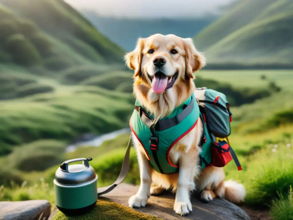 Un fiel golden retriever feliz llevando accesorios de camping en un sendero verde en Uruguay