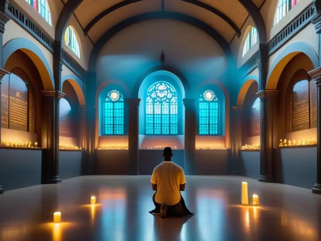 Fieles en oración dentro del Museo San Francisco de Asís en Uruguay, iluminados por la luz de las vidrieras