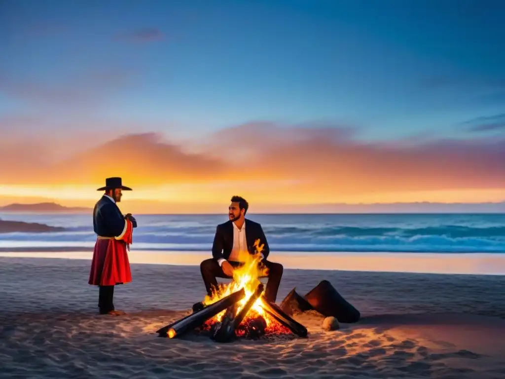 Fiesta de San Juan en Uruguay: Celebración junto al fuego en la playa al atardecer