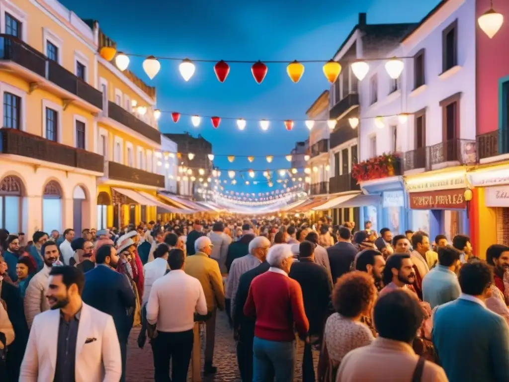 Fiesta en la Noche de la Nostalgia: Calle vibrante y llena de gente vestida con atuendos retro de los 80 y 90, iluminada y festiva en Uruguay