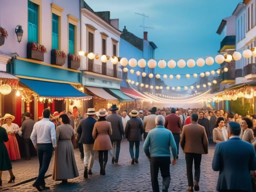 Fiesta La Noche de la Nostalgia en Uruguay: gente de todas las edades bailando y disfrutando de comida y bebida bajo luces coloridas