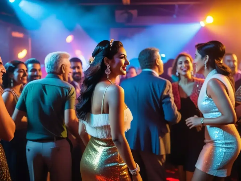 Fiesta nostálgica en Noche de la Nostalgia Uruguay: diversidad de personas bailando alegremente bajo luces de discoteca