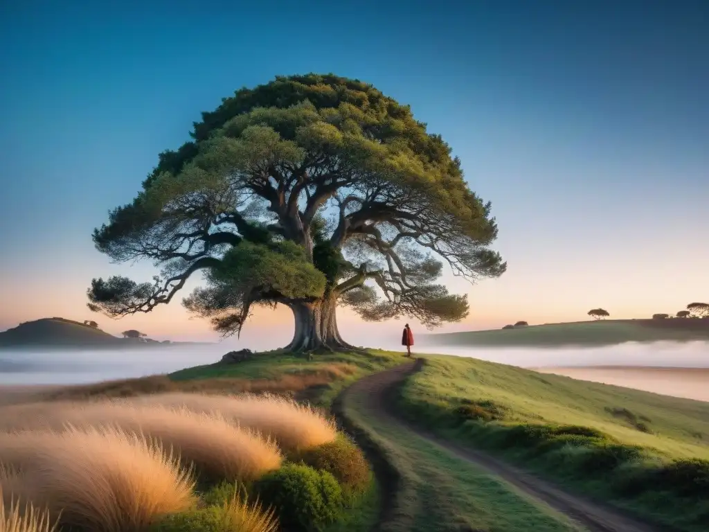 Figura solitaria junto a árbol antiguo en campo uruguayo iluminado por la luna, evocando cuentos y leyendas