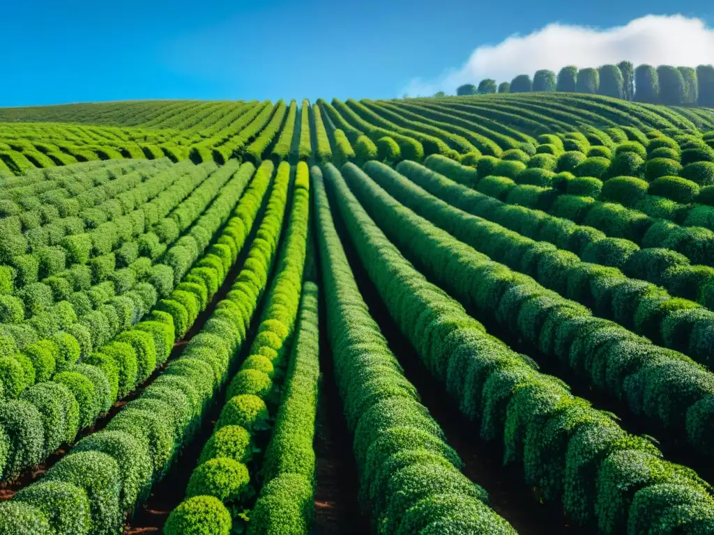 Plantación de té en Uruguay: filas de arbustos verdes bajo un cielo azul, transmitiendo tranquilidad y abundancia natural