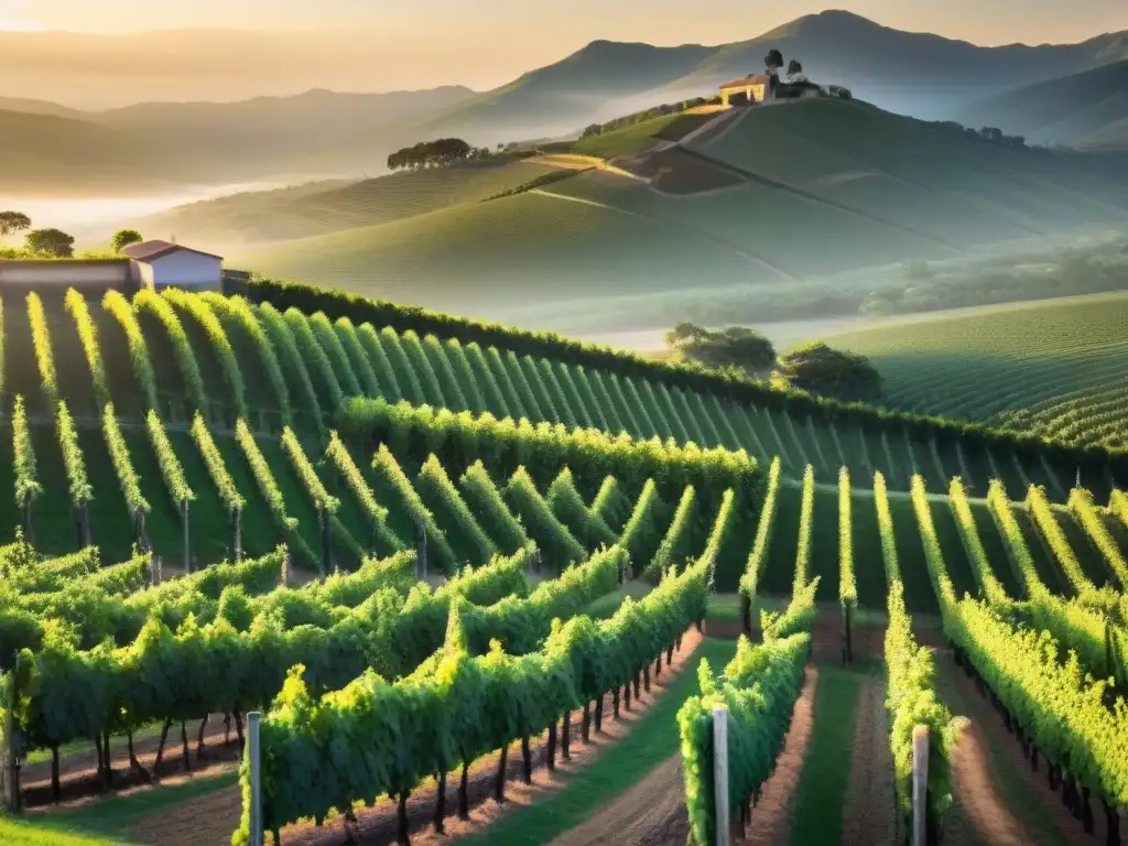 Filas de viñedos en Uruguay con vinos premiados bodegas Uruguay bajo el sol poniente y los Andes al fondo, transmitiendo tranquilidad y elegancia