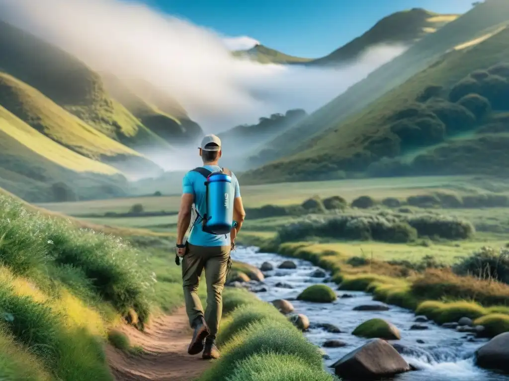 Filtros de agua para aventureros en Uruguay: hiker llenando botella en arroyo cristalino, rodeado de naturaleza exuberante y cielo azul vibrante