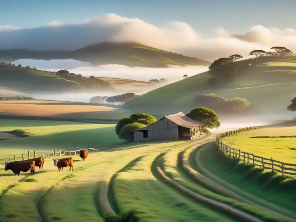 Una finca rural uruguaya al amanecer, con pastizales verdes y ganado