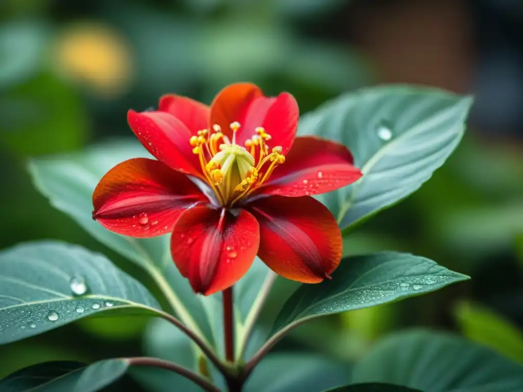 Fotografiando la biodiversidad de Uruguay: Detalle de una flor roja Adesmia con gotas de agua, rodeada de exuberante vegetación