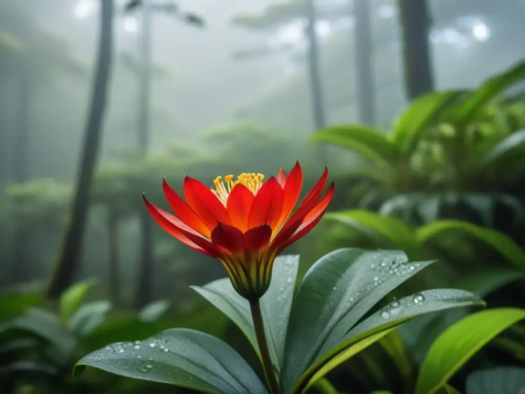 Fotografiar la flora endémica de Uruguay: Detalle de un vibrante Ceibo rojo con rocío matutino en un bosque verde exuberante